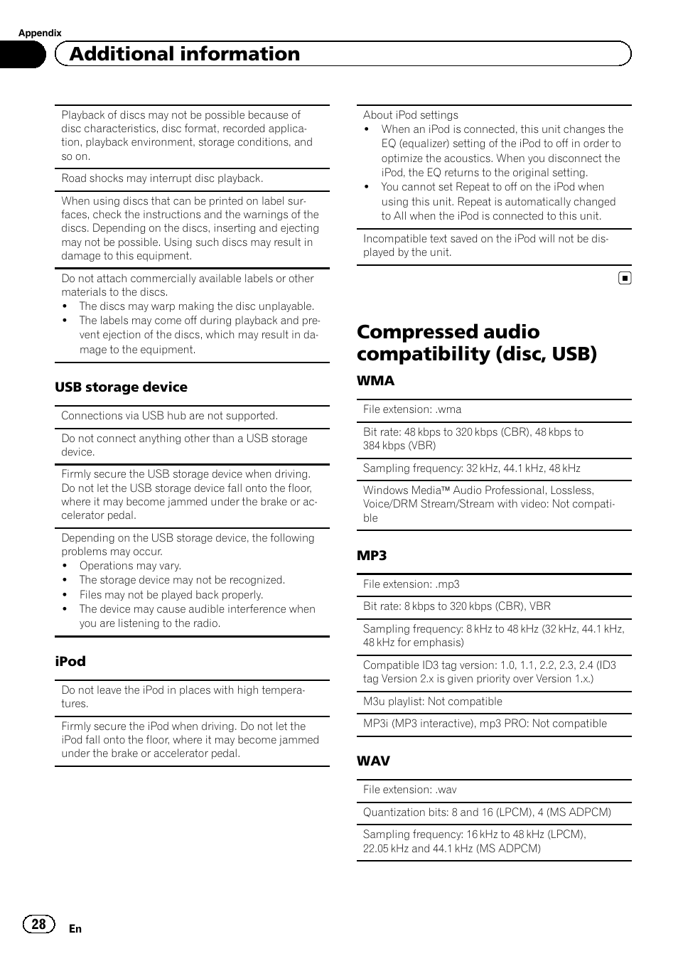 Compressed audio compatibility (disc, usb), Additional information | Pioneer DEH-4600BT User Manual | Page 28 / 36