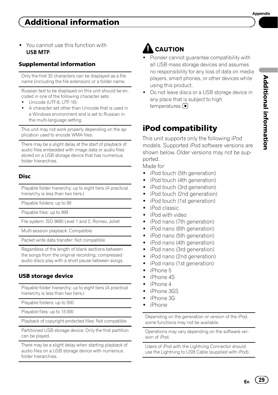 Ipod compatibility, Additional information | Pioneer DEH-4600BT User Manual | Page 29 / 36