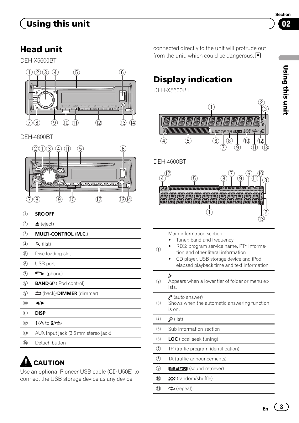 Head unit, Display indication, Using this unit | Pioneer DEH-4600BT User Manual | Page 3 / 36