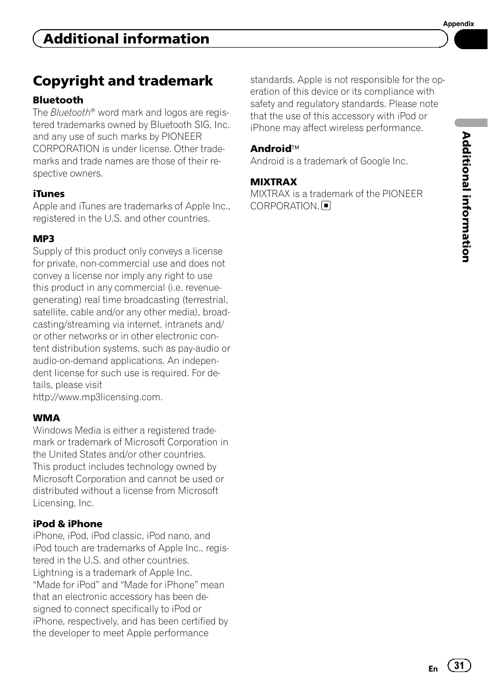 Copyright and trademark, Additional information | Pioneer DEH-4600BT User Manual | Page 31 / 36