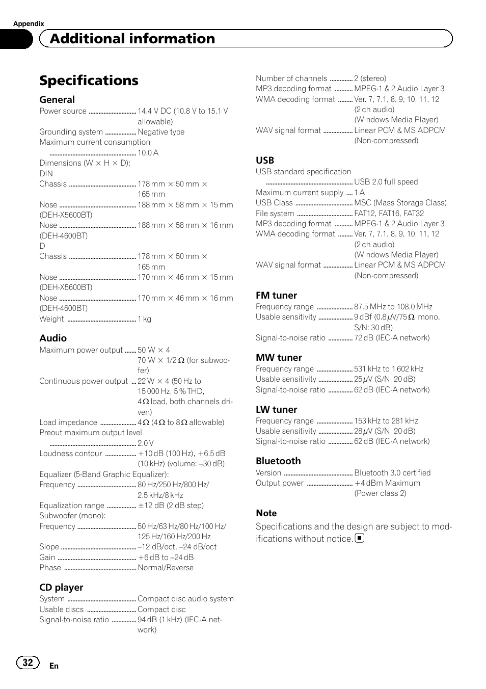 Specifications, Additional information | Pioneer DEH-4600BT User Manual | Page 32 / 36