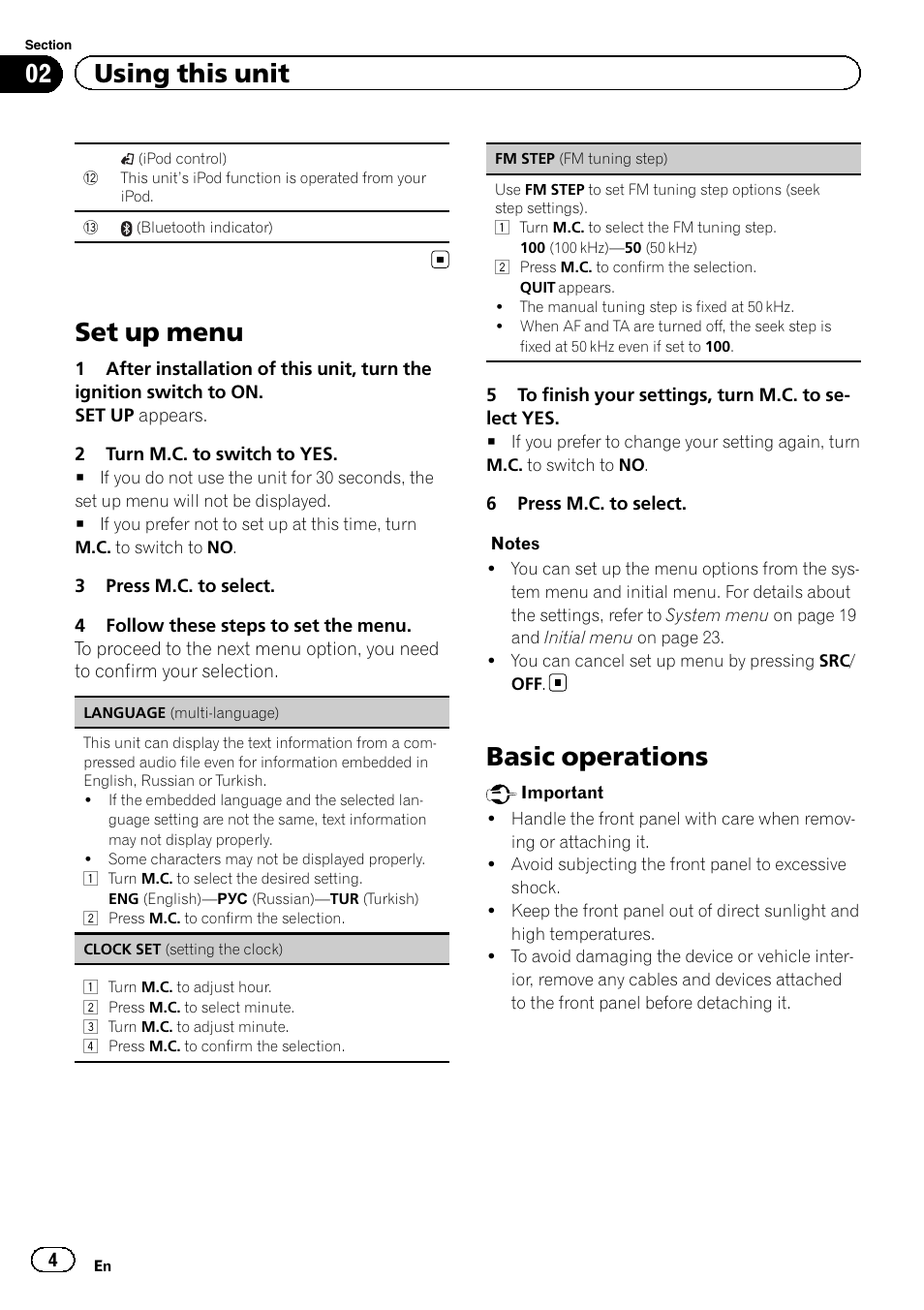 Set up menu, Basic operations, 02 using this unit | Pioneer DEH-4600BT User Manual | Page 4 / 36