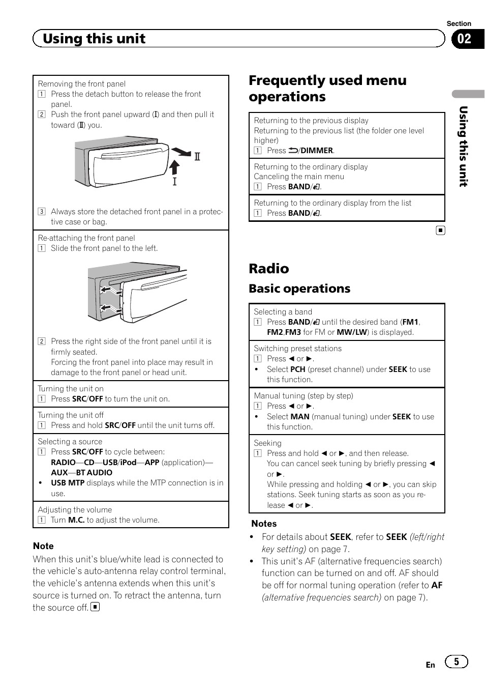 Frequently used menu operations, Radio, Basic operations | Using this unit | Pioneer DEH-4600BT User Manual | Page 5 / 36