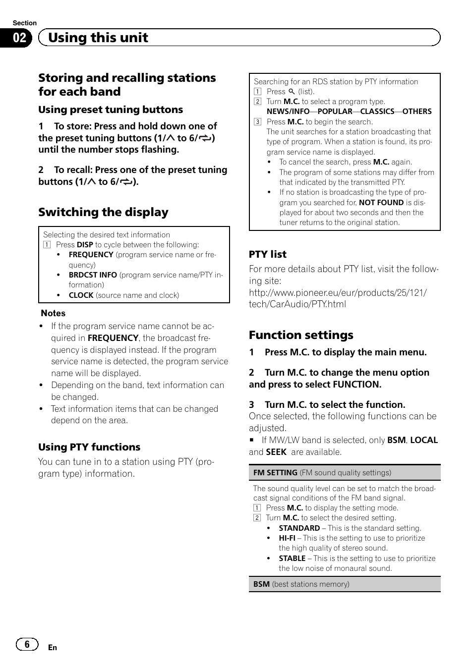02 using this unit, Storing and recalling stations for each band, Switching the display | Function settings | Pioneer DEH-4600BT User Manual | Page 6 / 36