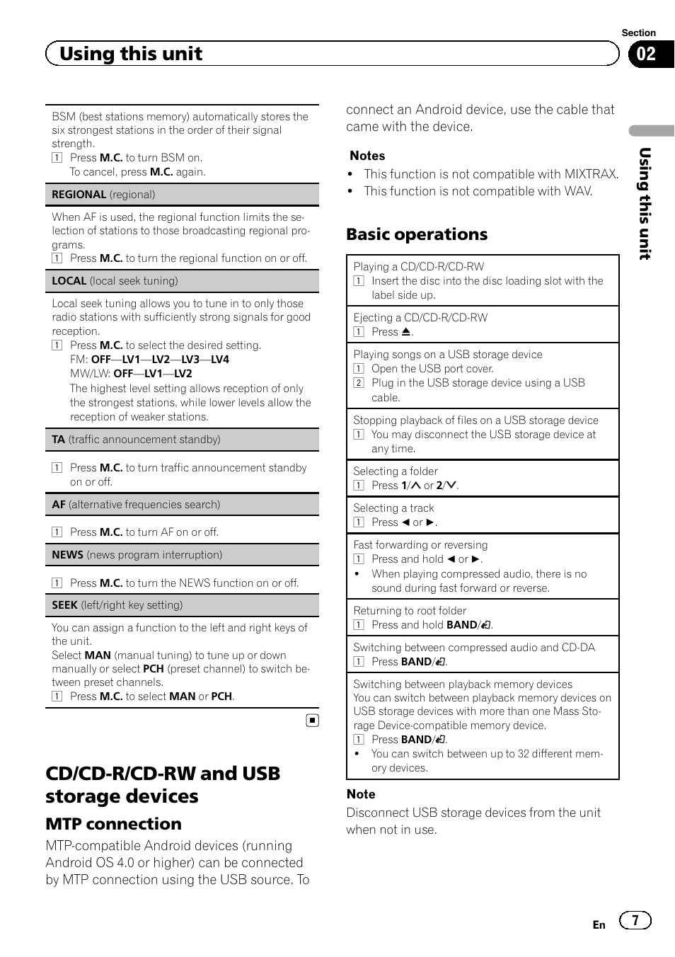 Seek (left/right, Cd/cd-r/cd-rw and usb storage devices, Mtp connection | Basic operations, Using this unit | Pioneer DEH-4600BT User Manual | Page 7 / 36