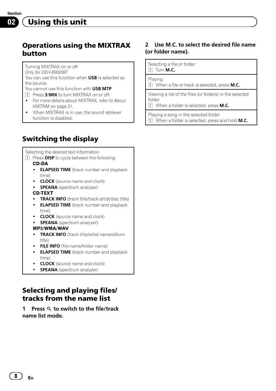 02 using this unit, Operations using the mixtrax button, Switching the display | Pioneer DEH-4600BT User Manual | Page 8 / 36