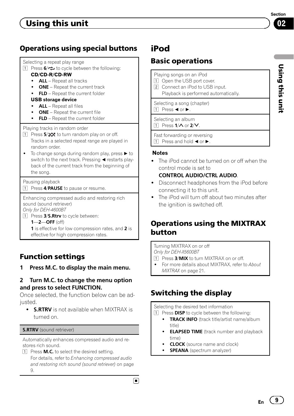 Ipod, Operations using special buttons, Function settings | Basic operations, Operations using the mixtrax button, Switching the display, Using this unit | Pioneer DEH-4600BT User Manual | Page 9 / 36