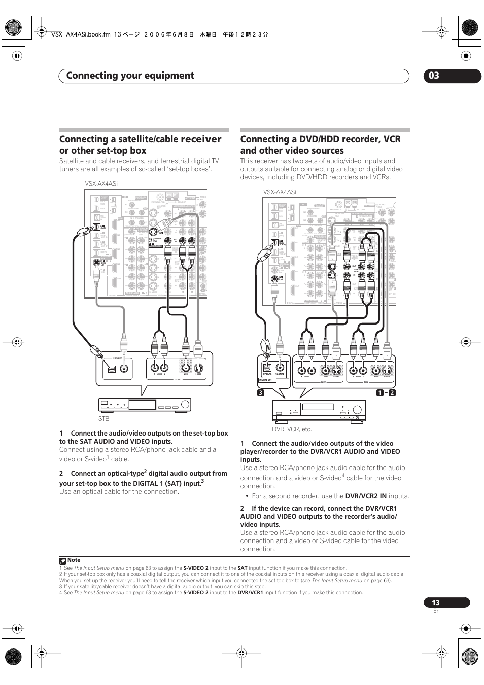Connecting your equipment 03, Connecting a satellite/cable receiver, Or other set-top box | Cable, 2connect an optical-type, Use an optical cable for the connection, Vcr2 in, Inputs, Stb vsx-ax4asi, Dvr, vcr, etc. vsx-ax4asi 1 2 3 | Pioneer VSX-AX2AS-s User Manual | Page 13 / 91