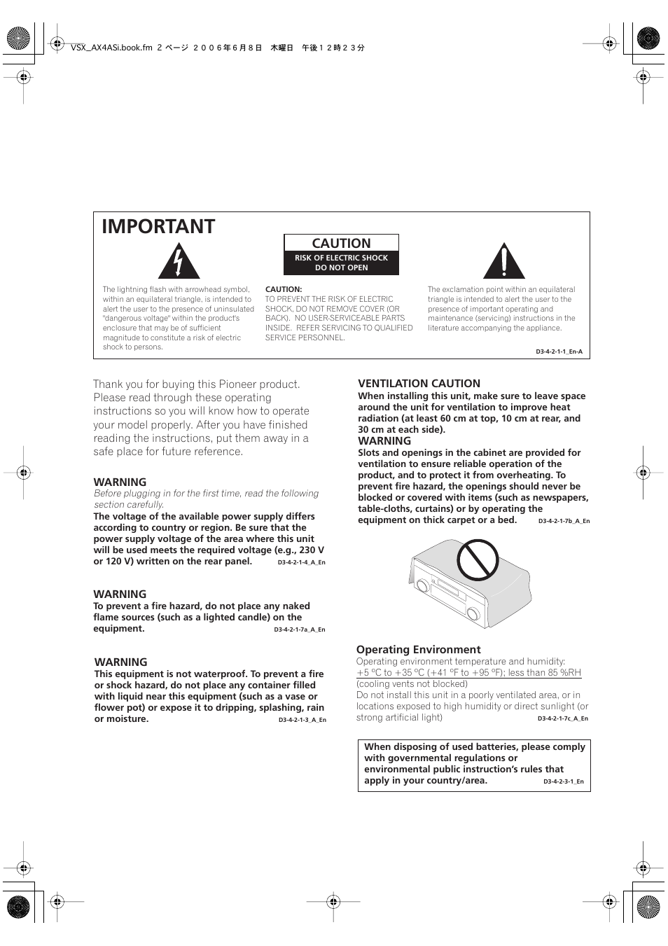 Important, Caution | Pioneer VSX-AX2AS-s User Manual | Page 2 / 91