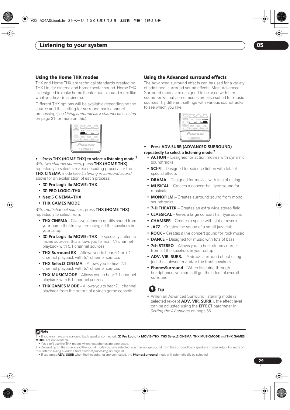 Listening to your system 05, Using the home thx modes, Using the advanced surround effects | Pioneer VSX-AX2AS-s User Manual | Page 29 / 91