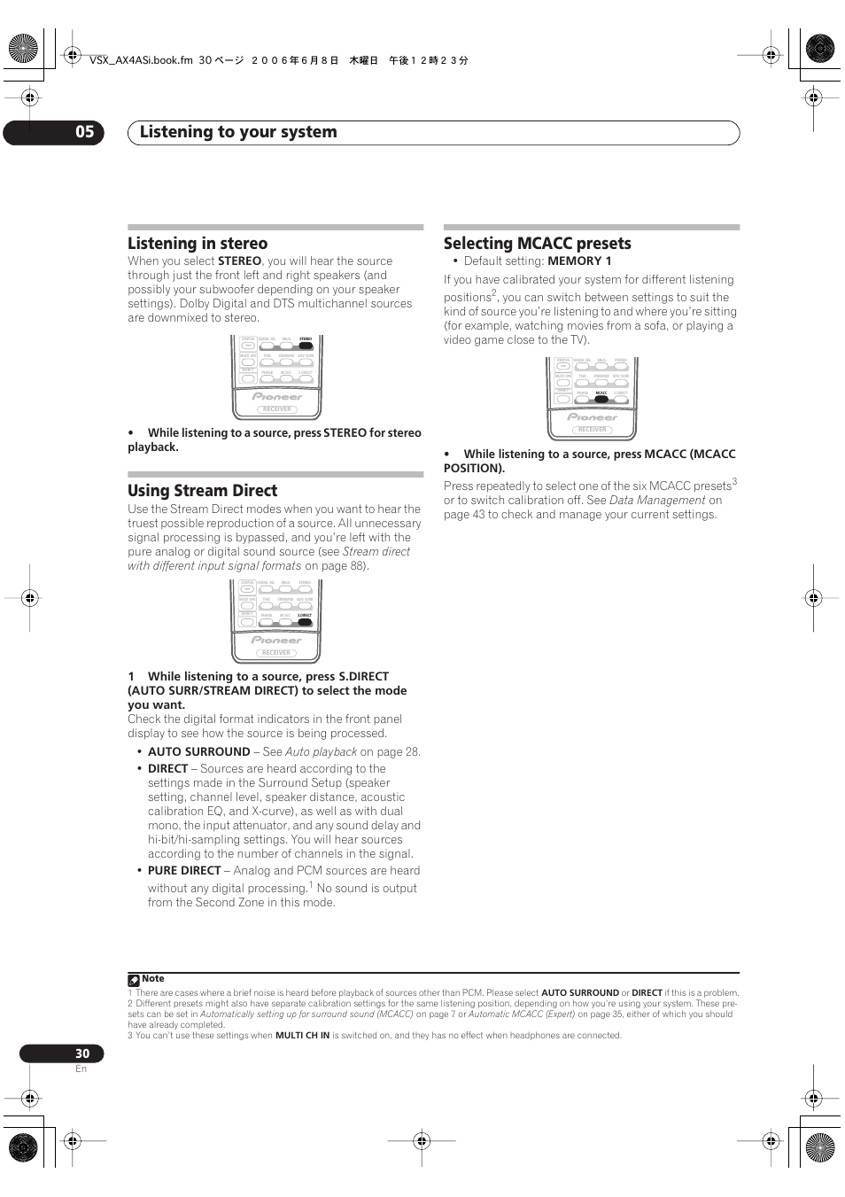 Listening to your system 05, Listening in stereo, Using stream direct | Selecting mcacc presets | Pioneer VSX-AX2AS-s User Manual | Page 30 / 91