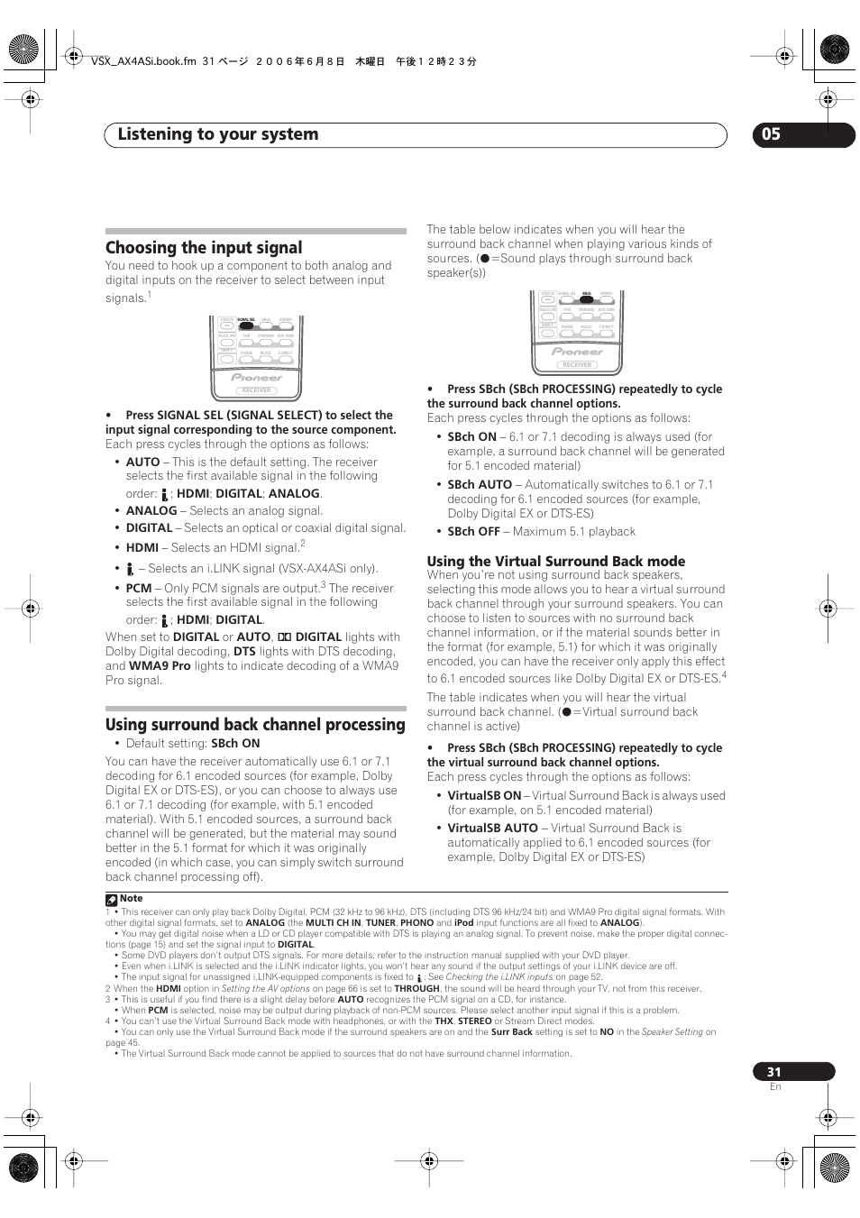 Using the virtual surround back mode, Listening to your system 05, Choosing the input signal | Using surround back channel processing | Pioneer VSX-AX2AS-s User Manual | Page 31 / 91