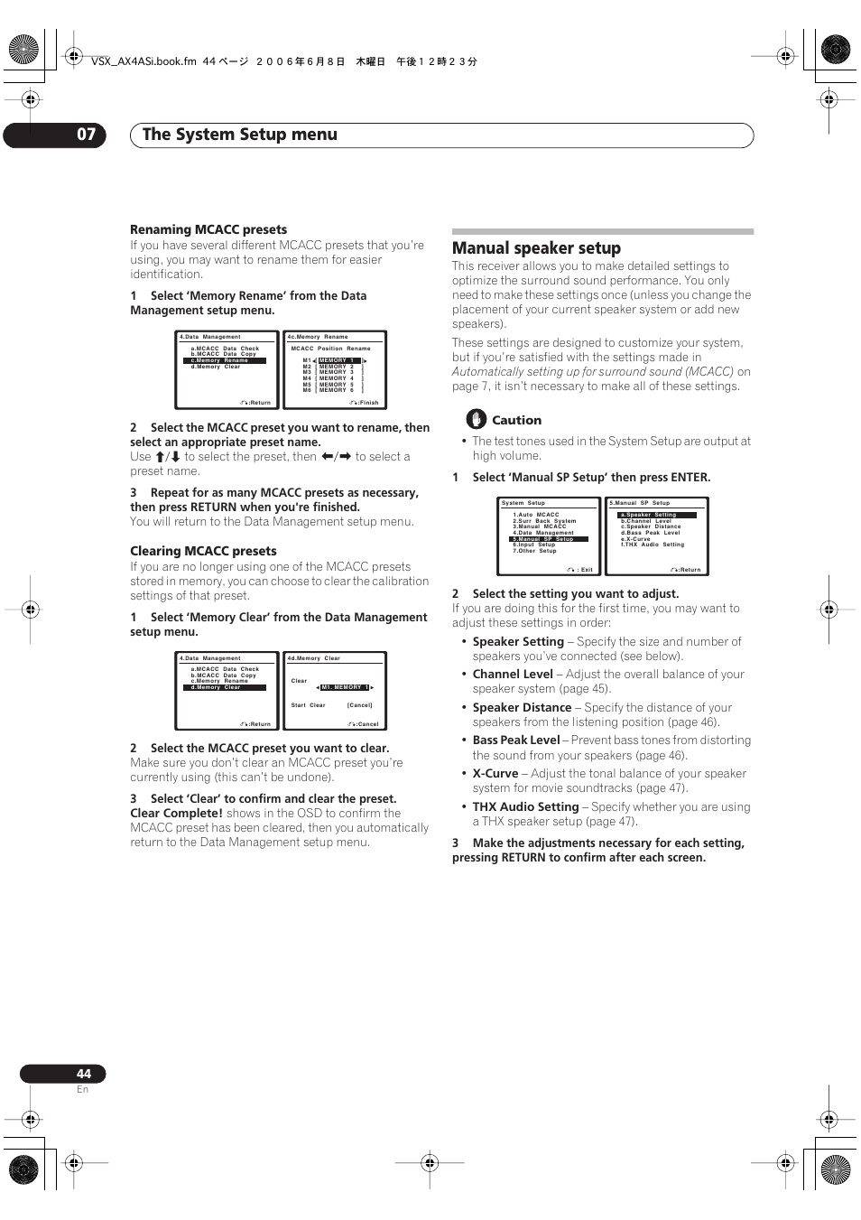 Manual speaker setup, The system setup menu 07 | Pioneer VSX-AX2AS-s User Manual | Page 44 / 91