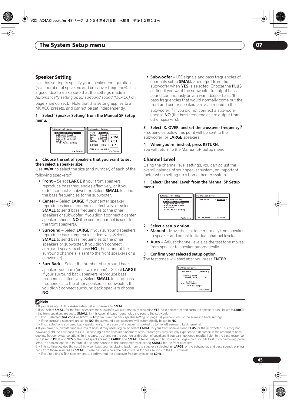 Speaker setting channel level, The system setup menu 07, Speaker setting | Channel level | Pioneer VSX-AX2AS-s User Manual | Page 45 / 91
