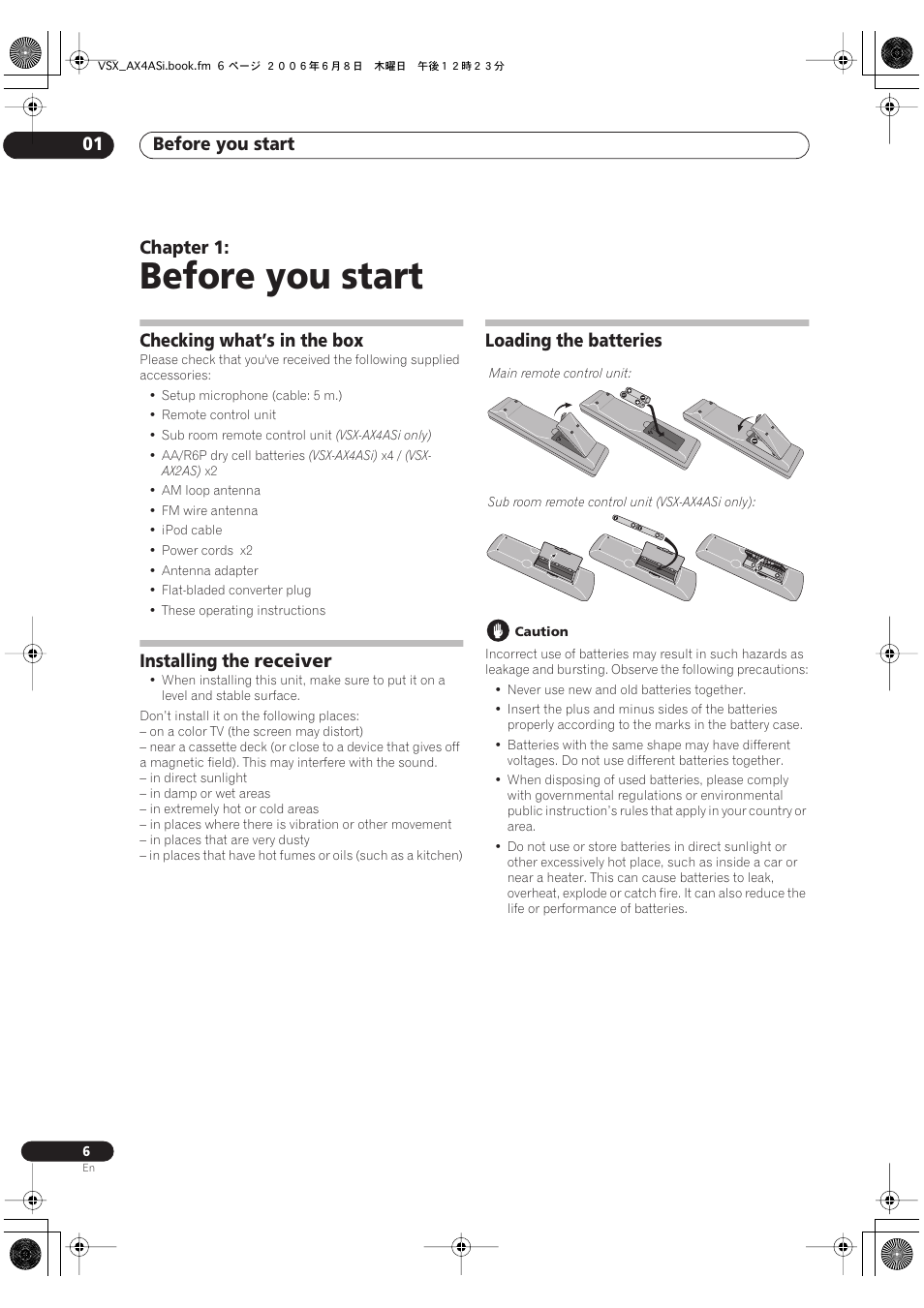 01 before you start, Before you start, Before you start 01 | Chapter 1, Checking what’s in the box, Installing the receiver, Loading the batteries | Pioneer VSX-AX2AS-s User Manual | Page 6 / 91