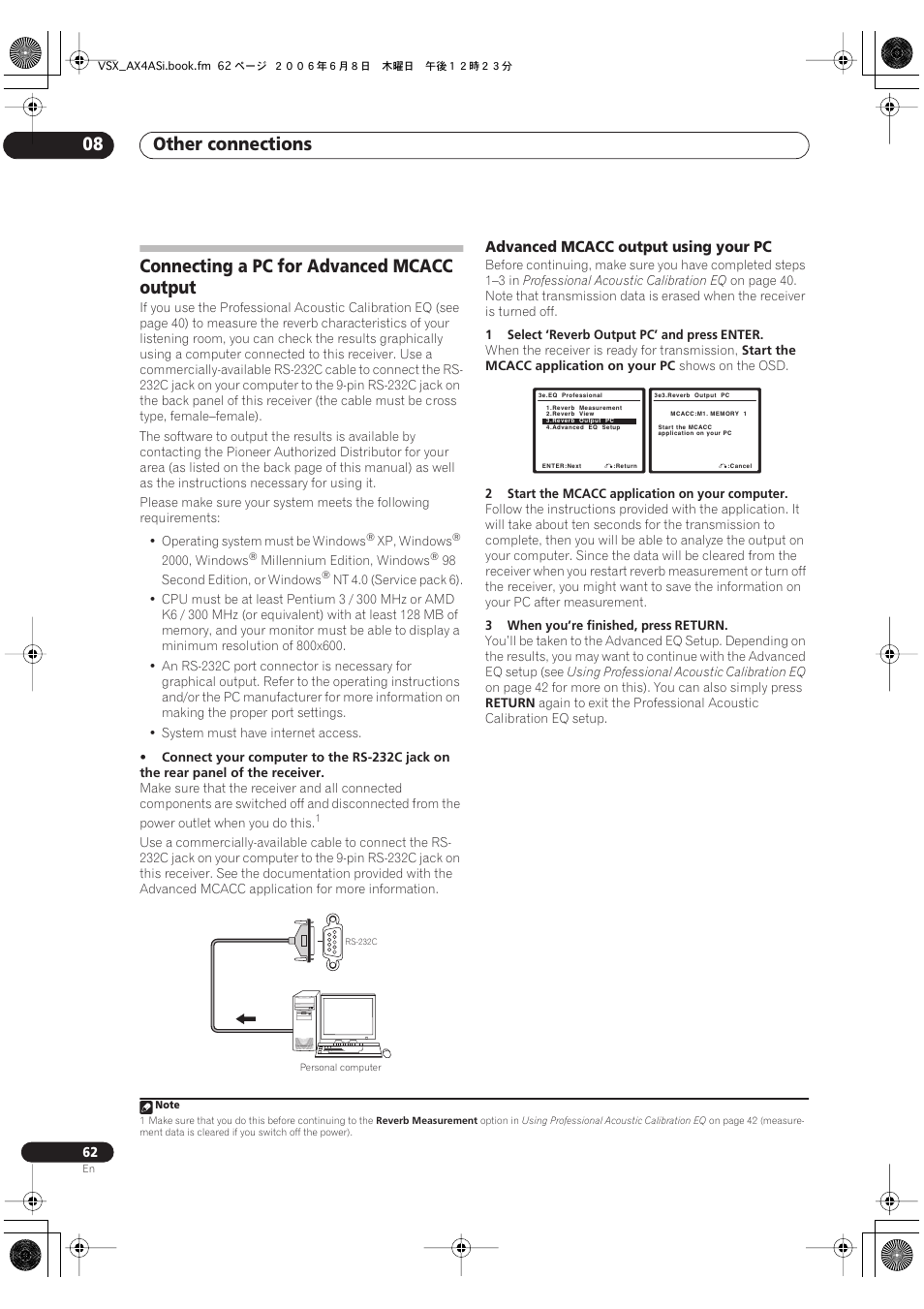 Connecting a pc for advanced mcacc output, Advanced mcacc output using your pc, Other connections 08 | Pioneer VSX-AX2AS-s User Manual | Page 62 / 91