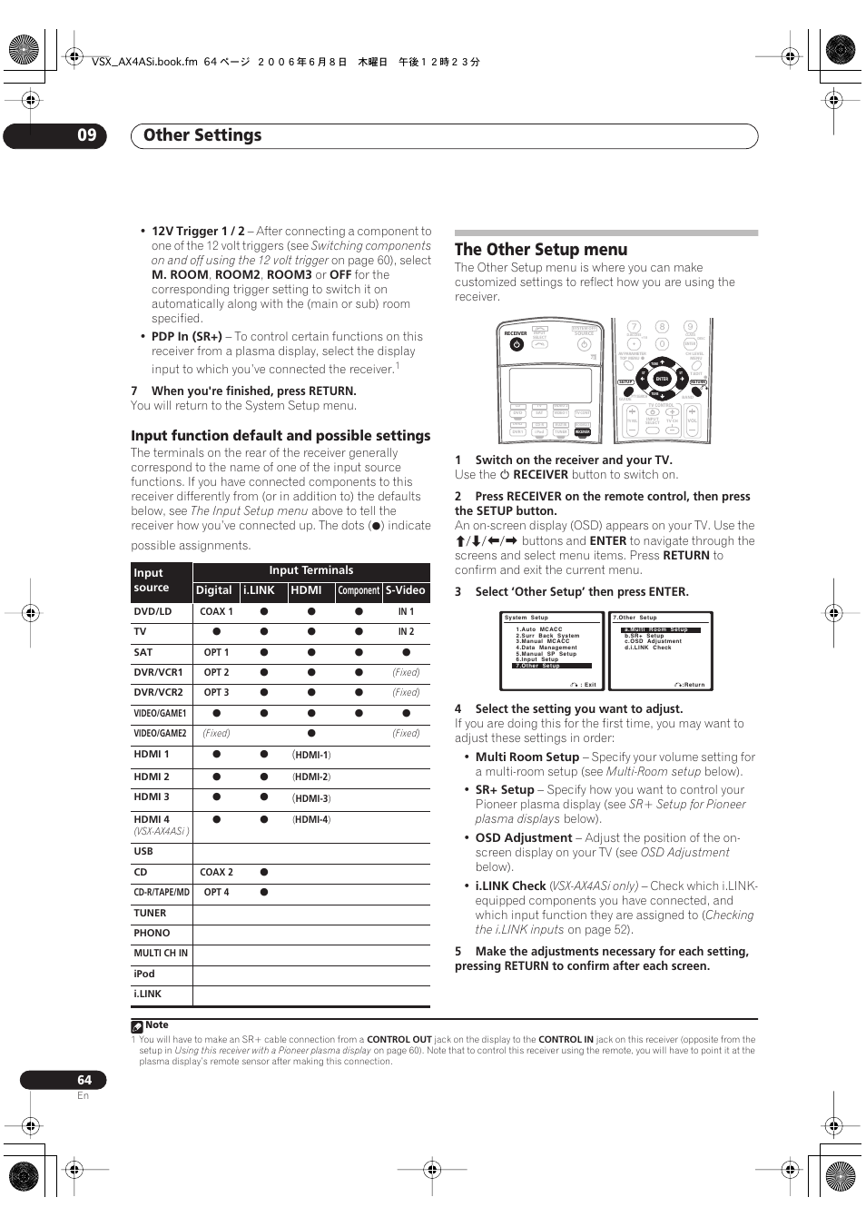 Input function default and possible settings, The other setup menu, Other settings 09 | Pioneer VSX-AX2AS-s User Manual | Page 64 / 91