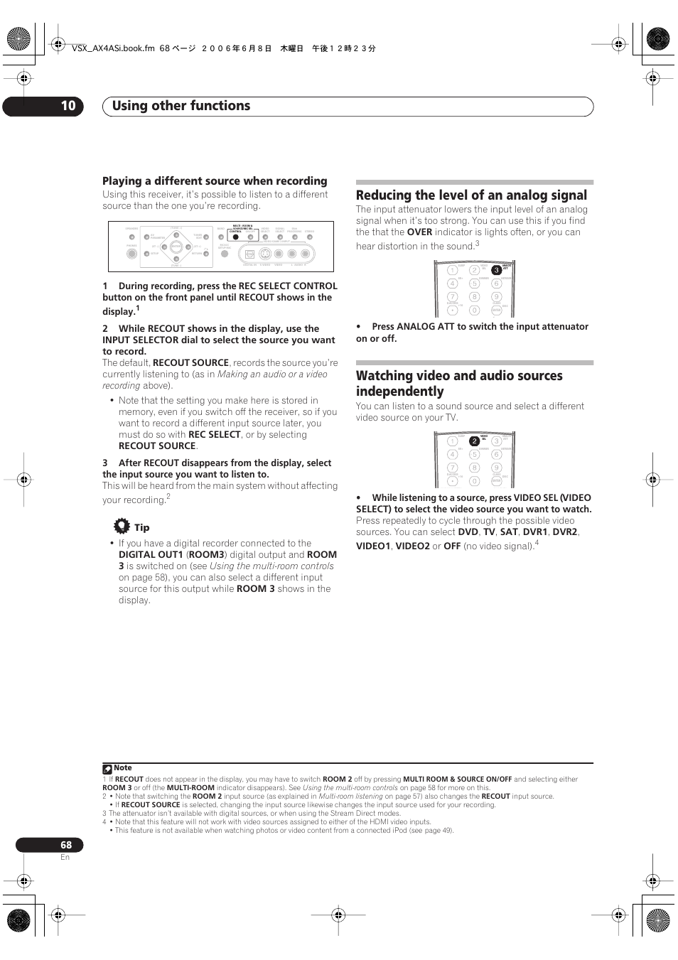 Playing a different source when recording, Using other functions 10, Reducing the level of an analog signal | Watching video and audio sources independently | Pioneer VSX-AX2AS-s User Manual | Page 68 / 91