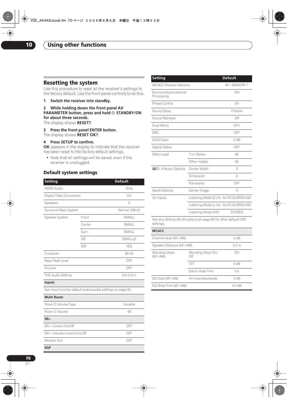 Resetting the system, Default system settings, Using other functions 10 | Pioneer VSX-AX2AS-s User Manual | Page 70 / 91