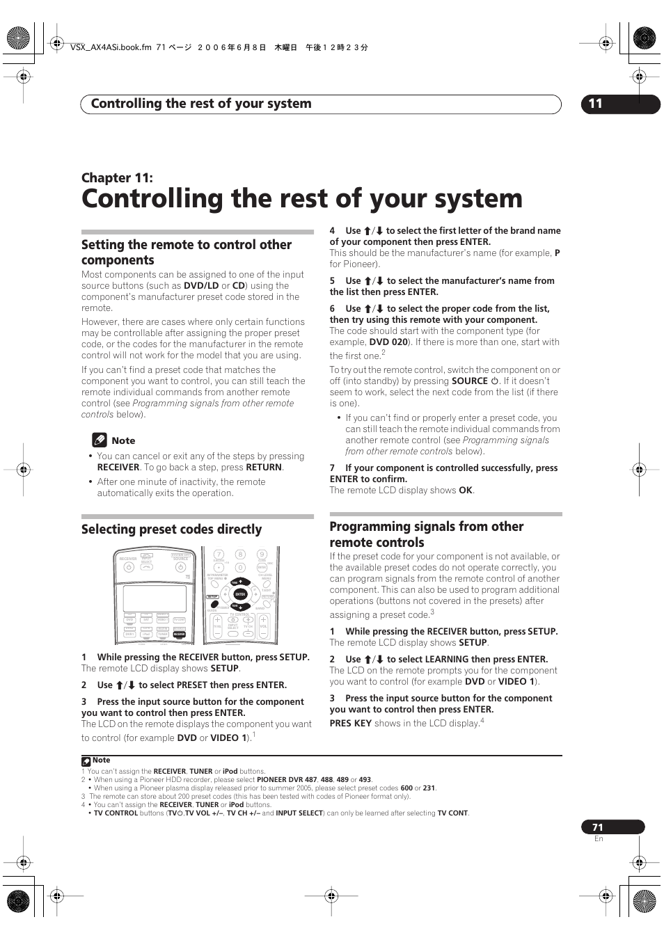 11 controlling the rest of your system, Controlling the rest of your system, Controlling the rest of your system 11 | Chapter 11, Setting the remote to control other components, Selecting preset codes directly, Programming signals from other remote controls | Pioneer VSX-AX2AS-s User Manual | Page 71 / 91