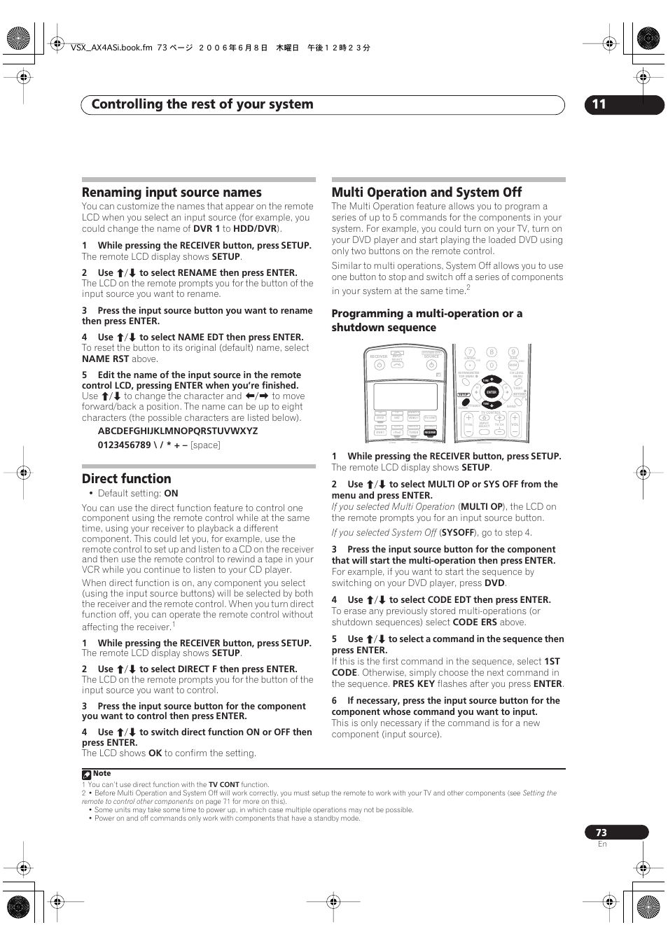 Controlling the rest of your system 11, Renaming input source names, Direct function | Multi operation and system off | Pioneer VSX-AX2AS-s User Manual | Page 73 / 91