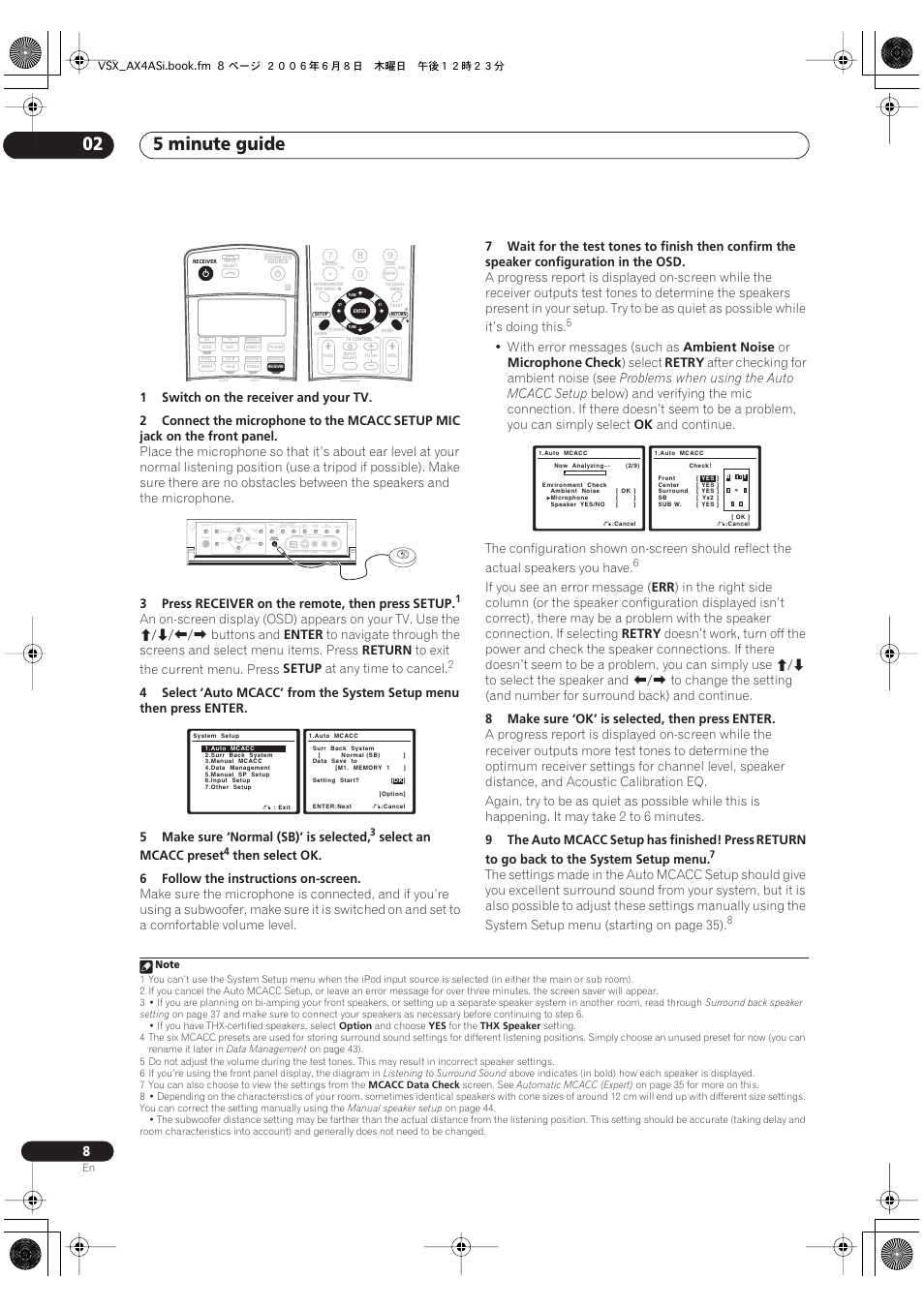 5 minute guide 02, Setup mic, Jack on the front panel | 3press, Receiver, On the remote, then press, Setup, Buttons and, Enter, Return | Pioneer VSX-AX2AS-s User Manual | Page 8 / 91