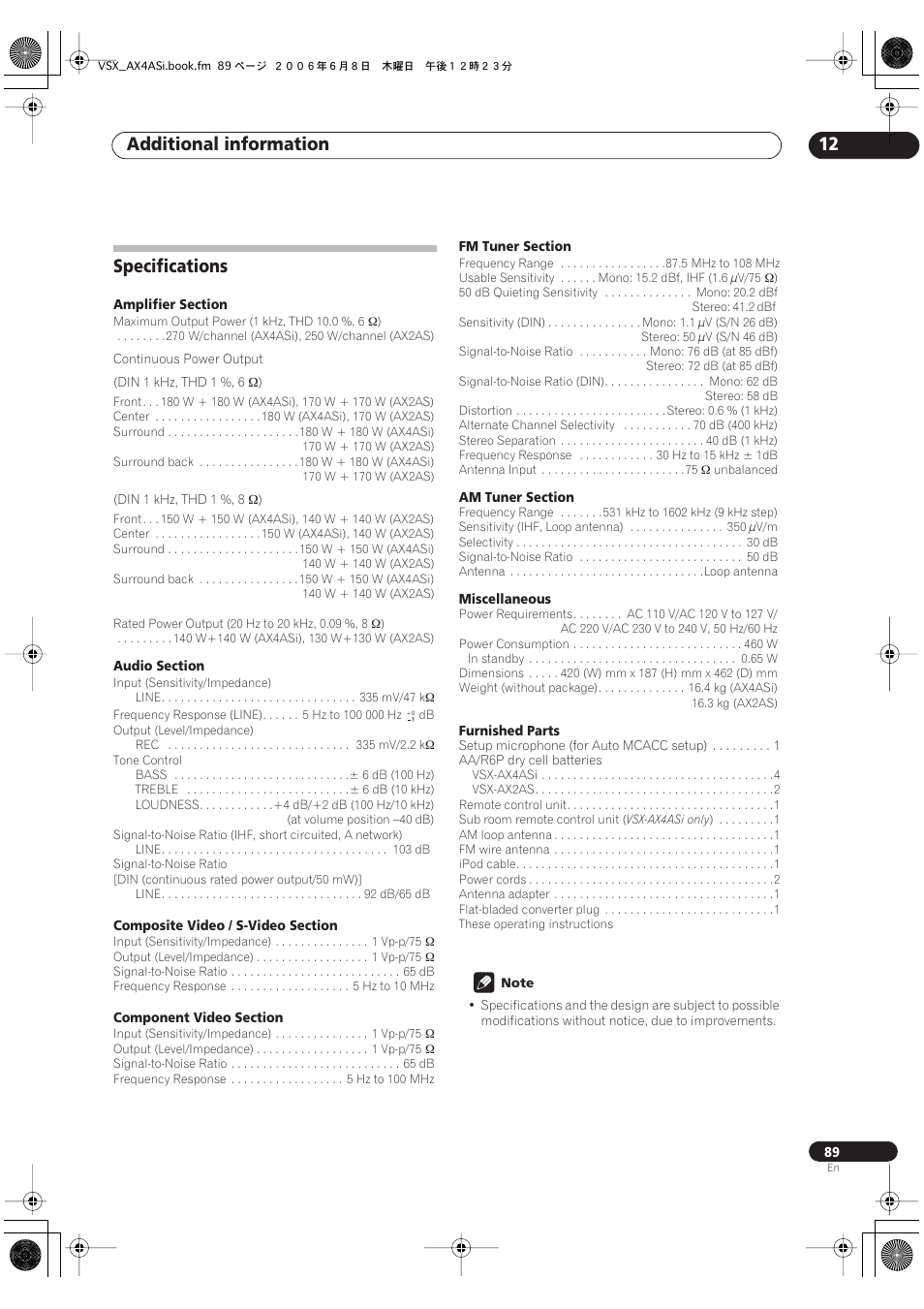 Specifications, Additional information 12 | Pioneer VSX-AX2AS-s User Manual | Page 89 / 91