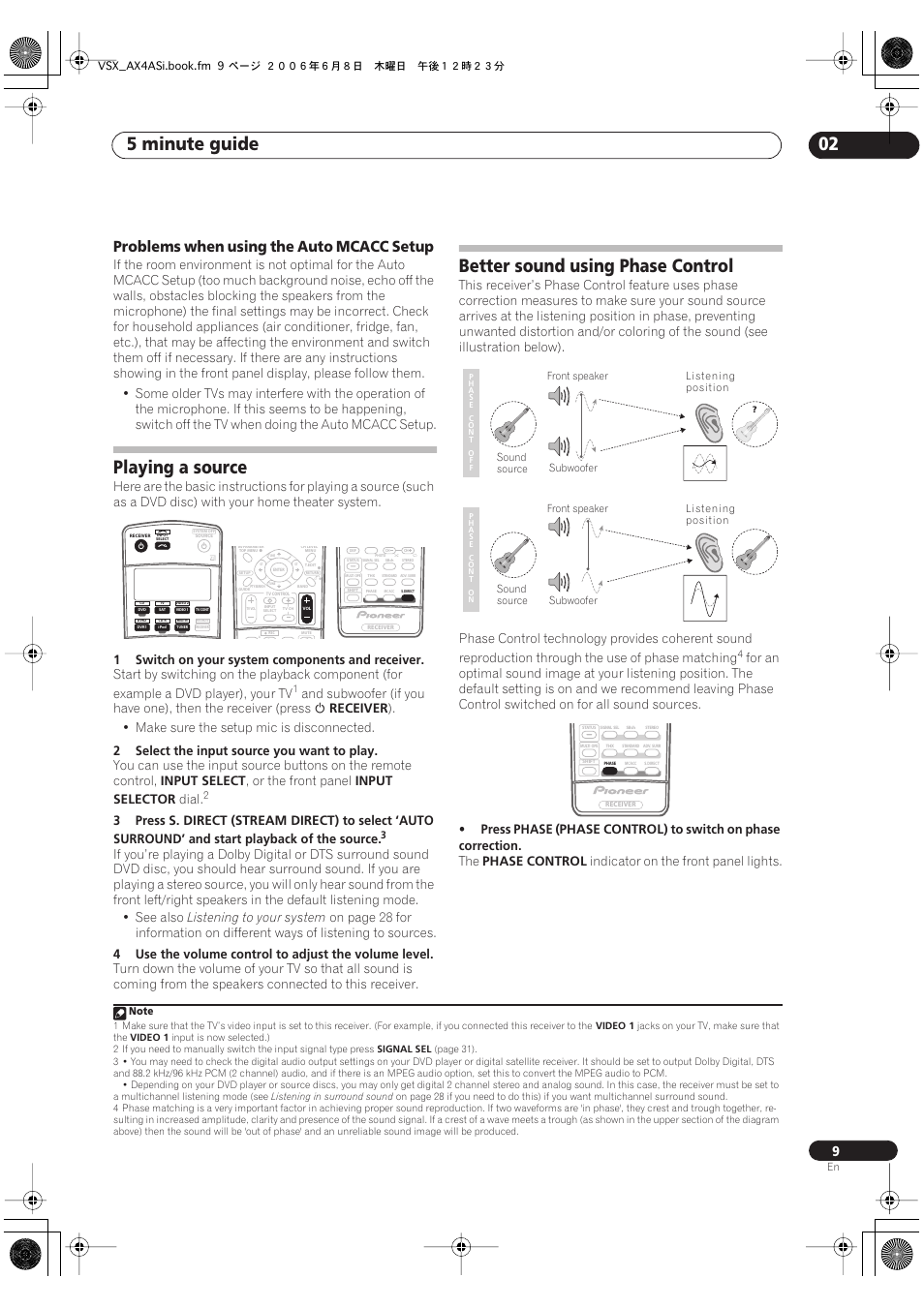Problems when using the auto mcacc setup, Playing a source better sound using phase control, 5 minute guide 02 | Playing a source, Better sound using phase control, 1switch on your system components and receiver, Receiver, Make sure the setup mic is disconnected, 2select the input source you want to play, Input select | Pioneer VSX-AX2AS-s User Manual | Page 9 / 91
