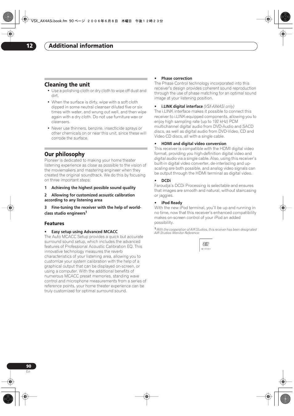 Cleaning the unit our philosophy, Features, Additional information 12 | Cleaning the unit, Our philosophy | Pioneer VSX-AX2AS-s User Manual | Page 90 / 91