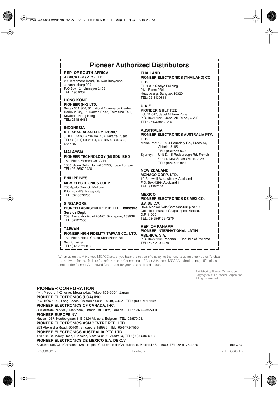 Pioneer authorized distributors, Pioneer corporation | Pioneer VSX-AX2AS-s User Manual | Page 91 / 91