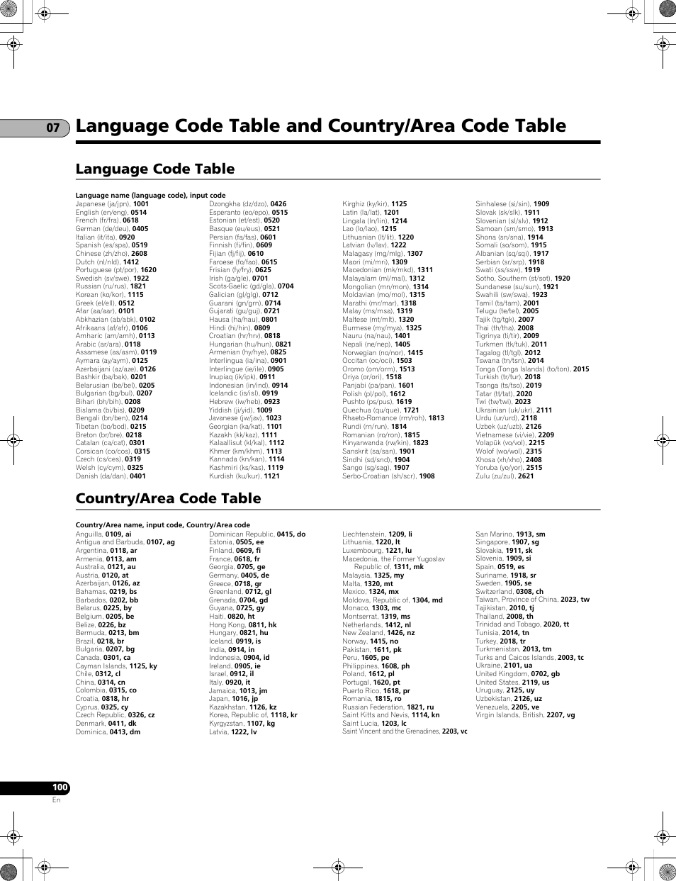 Language code table and country/area code table, Language code table country/area code table, Language code table | Country/area code table | Pioneer LX01BD User Manual | Page 100 / 116