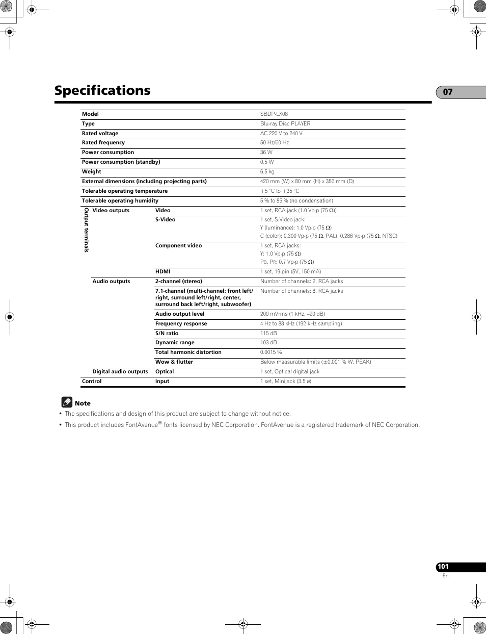 Specifications | Pioneer LX01BD User Manual | Page 101 / 116