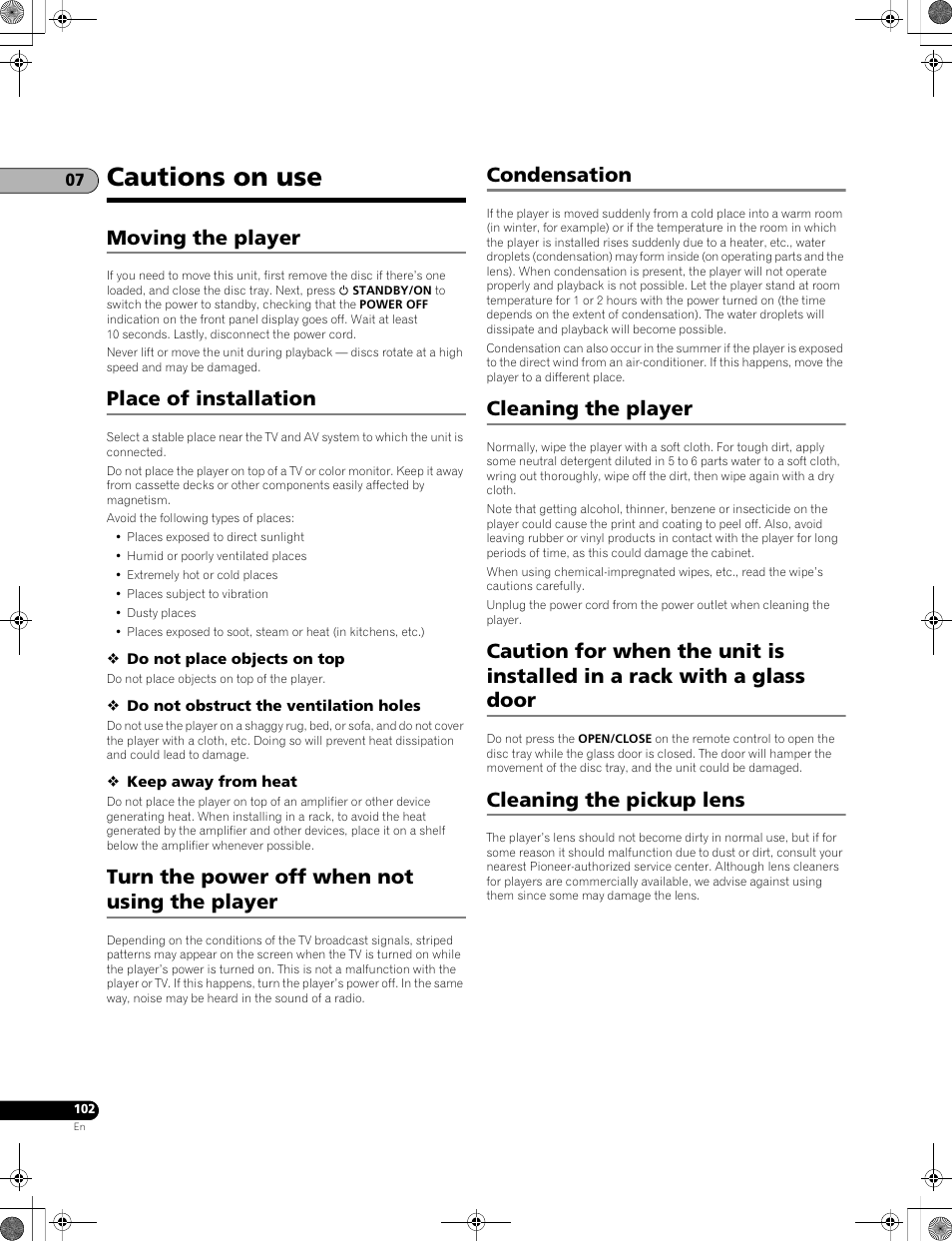 Cautions on use, Moving the player, Place of installation | Turn the power off when not using the player, Condensation, Cleaning the player, Cleaning the pickup lens | Pioneer LX01BD User Manual | Page 102 / 116