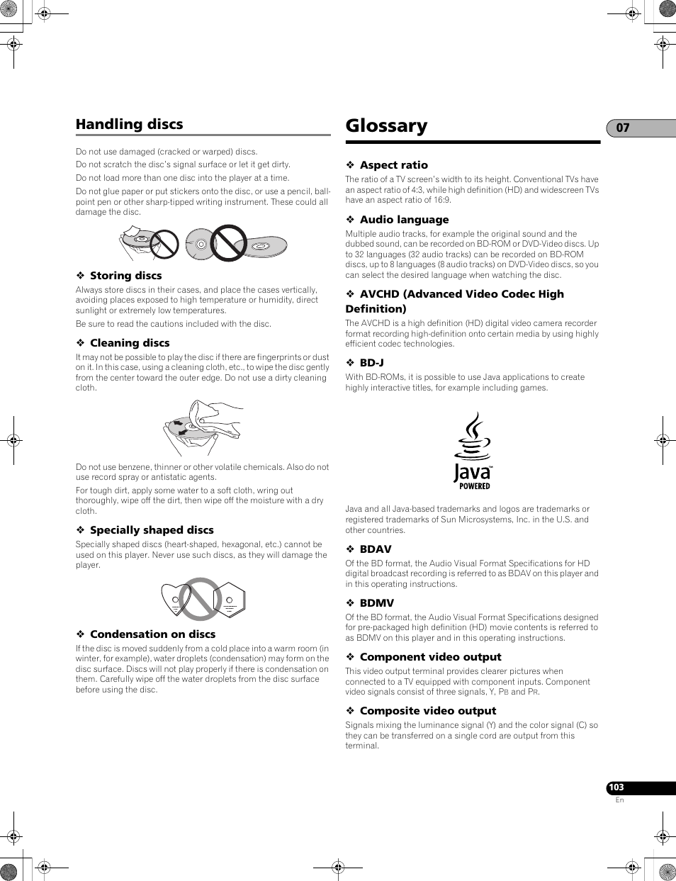 Handling discs, Glossary | Pioneer LX01BD User Manual | Page 103 / 116