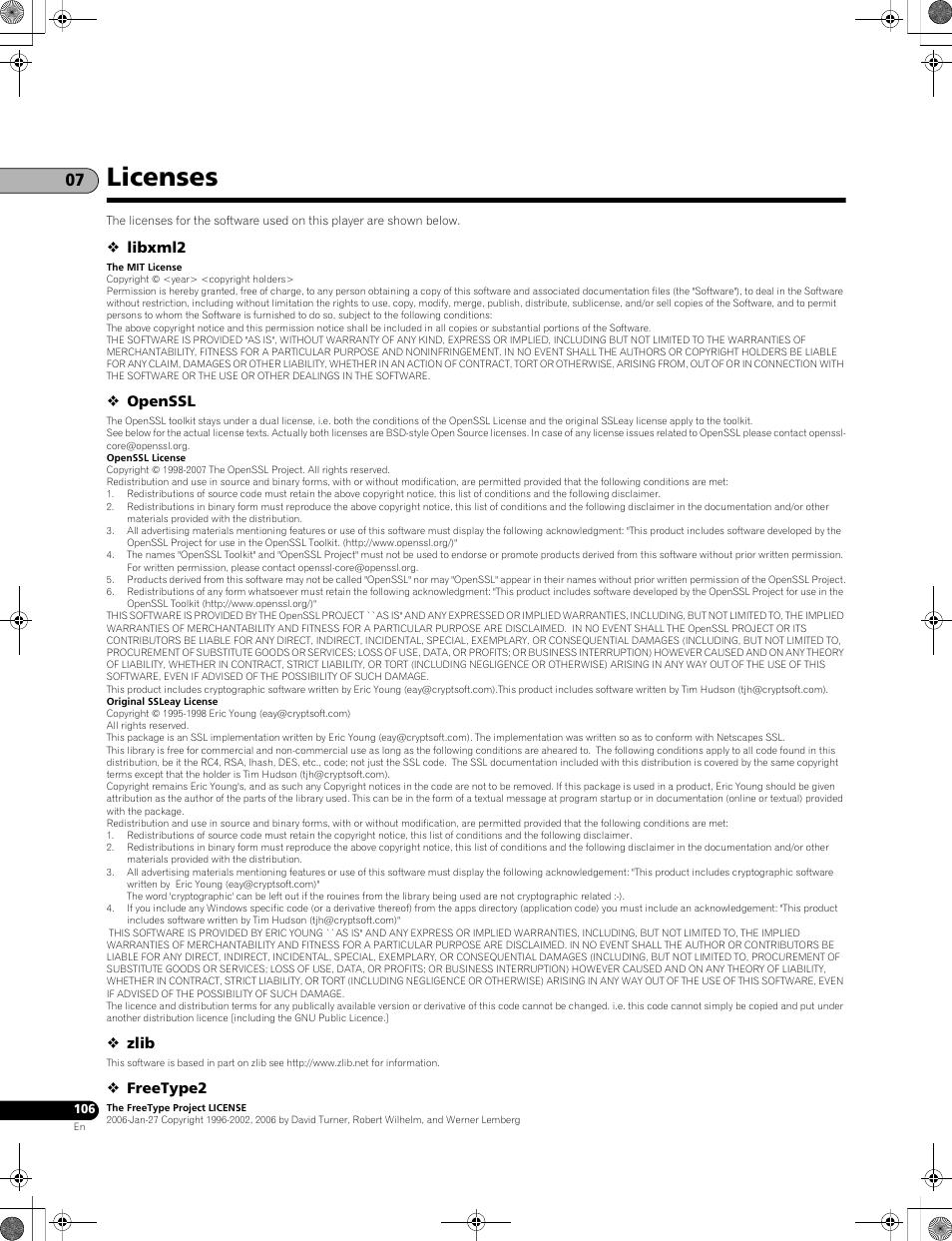 Licenses, Libxml2, Openssl | Zlib, Freetype2 | Pioneer LX01BD User Manual | Page 106 / 116