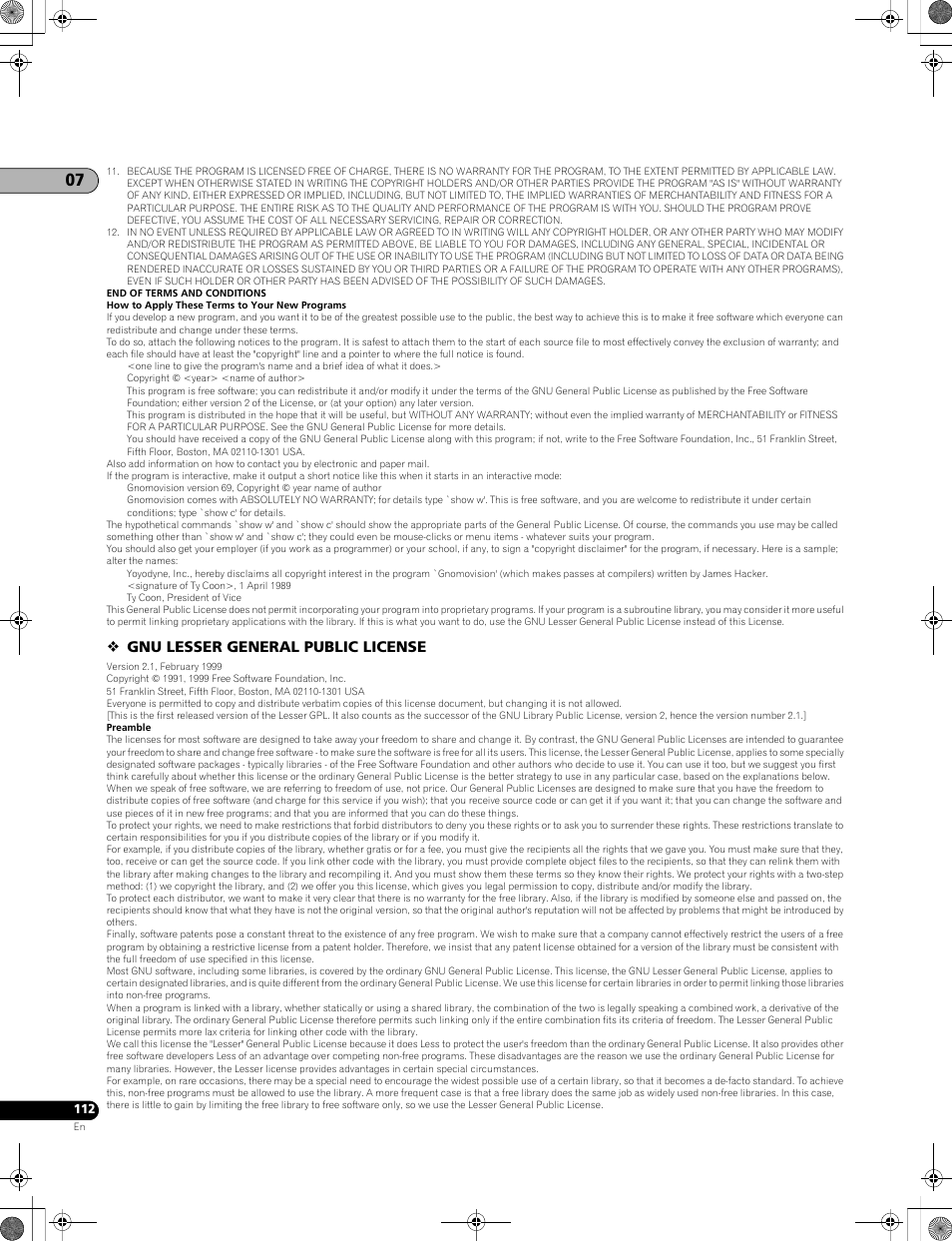 Gnu lesser general public license | Pioneer LX01BD User Manual | Page 112 / 116