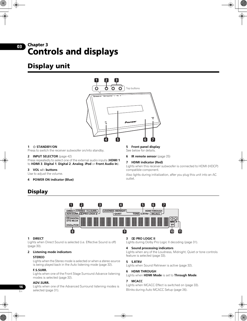 Controls and displays, Display unit, Display | Chapter 3 | Pioneer LX01BD User Manual | Page 16 / 116