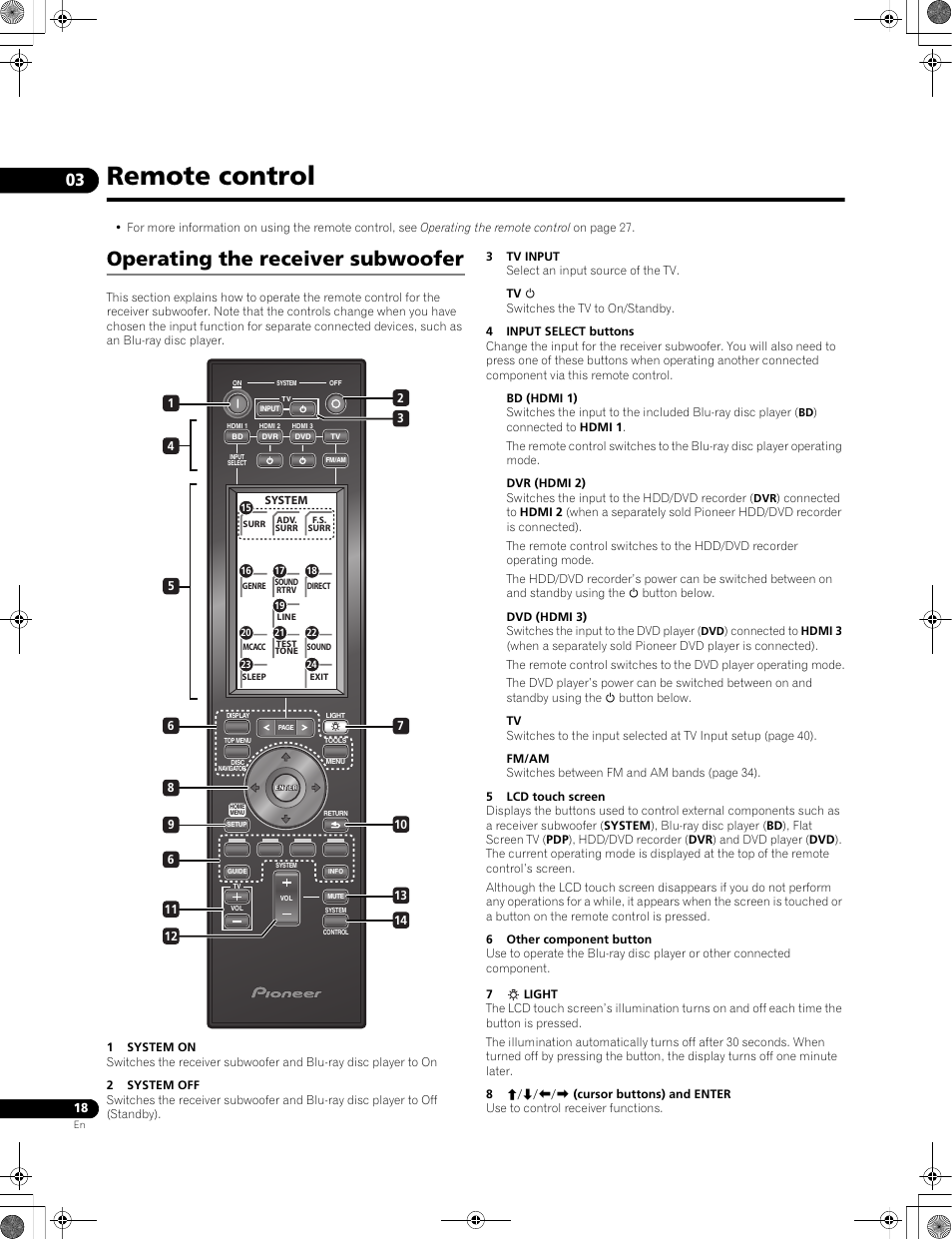 Remote control, Operating the receiver subwoofer | Pioneer LX01BD User Manual | Page 18 / 116