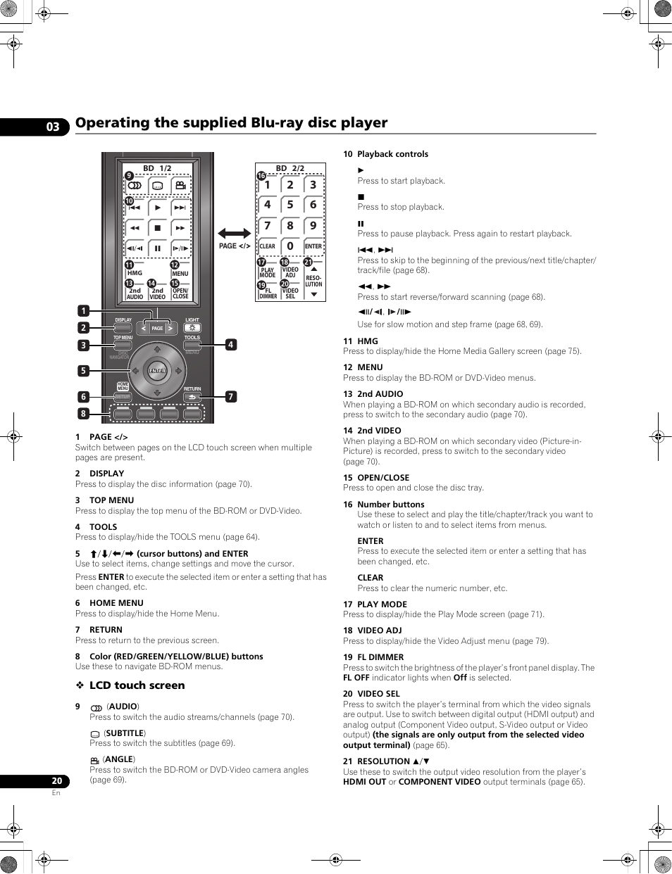 Operating the supplied blu-ray disc player, Lcd touch screen | Pioneer LX01BD User Manual | Page 20 / 116