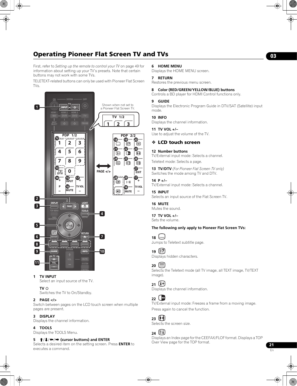Operating pioneer flat screen tv and tvs, Lcd touch screen | Pioneer LX01BD User Manual | Page 21 / 116