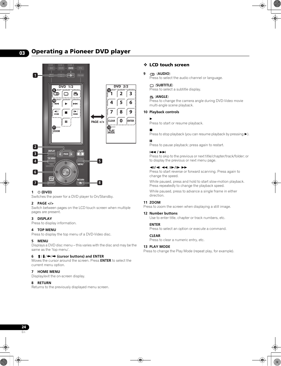 Operating a pioneer dvd player, Lcd touch screen | Pioneer LX01BD User Manual | Page 24 / 116