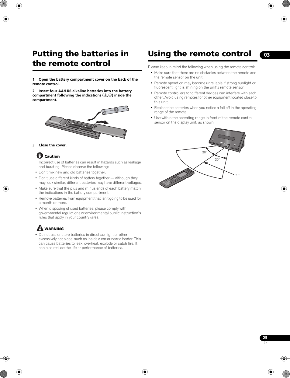 Putting the batteries in the remote control, Using the remote control | Pioneer LX01BD User Manual | Page 25 / 116