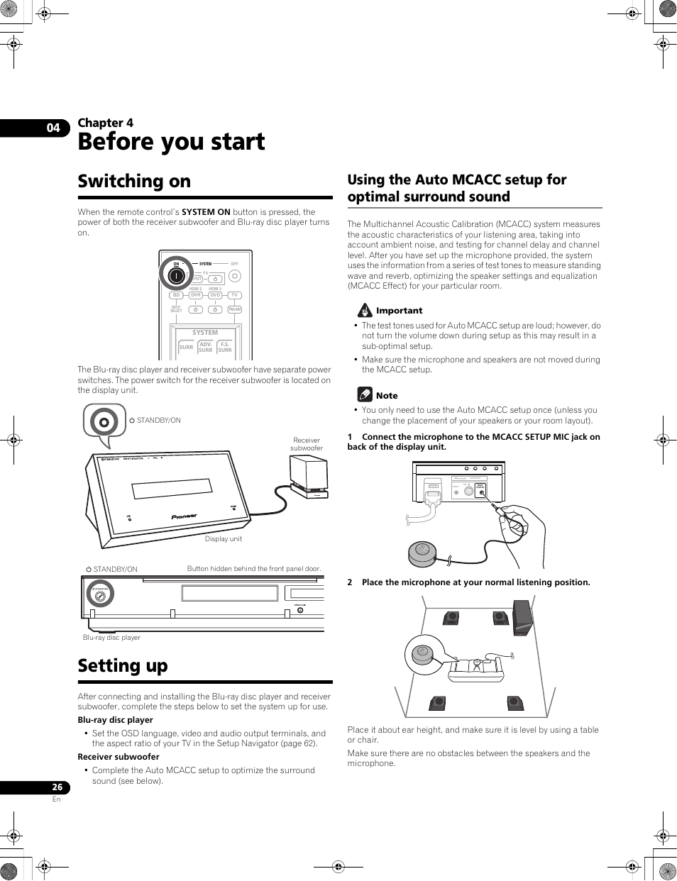 Before you start, Switching on, Setting up | Chapter 4 | Pioneer LX01BD User Manual | Page 26 / 116