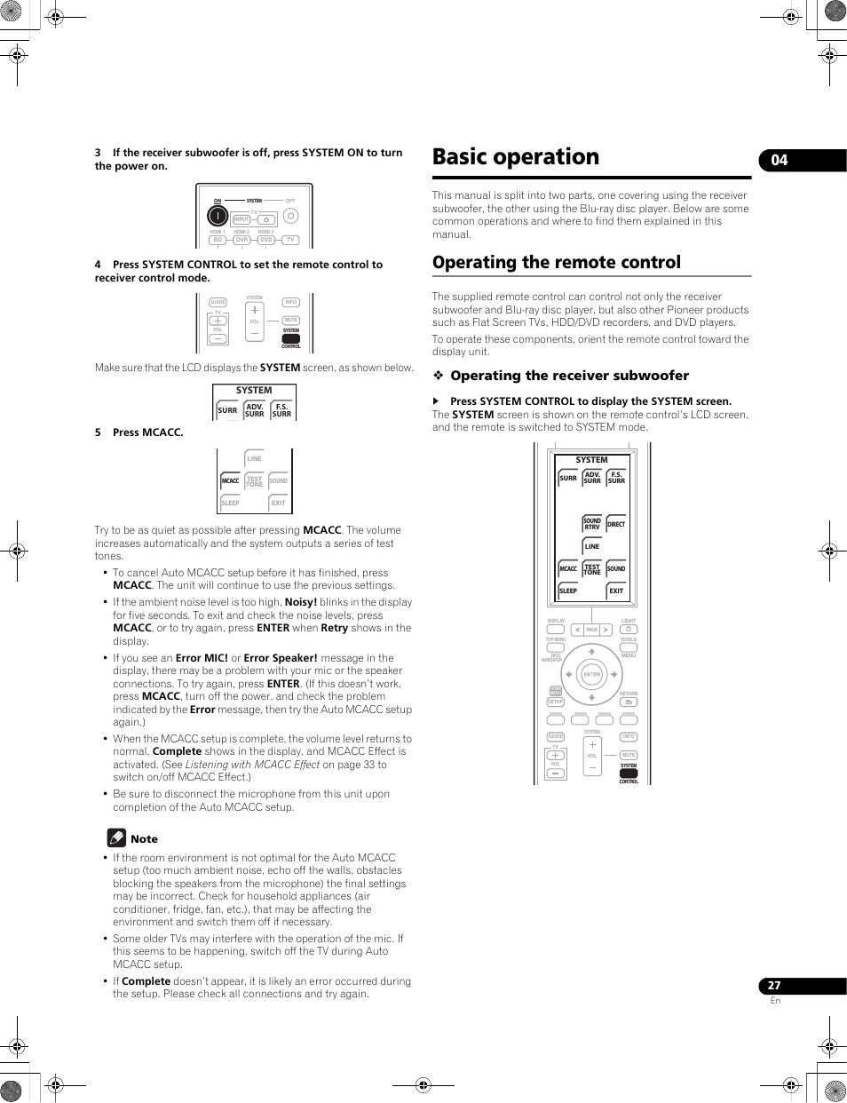 Basic operation, Operating the remote control, Operating the receiver subwoofer | Pioneer LX01BD User Manual | Page 27 / 116