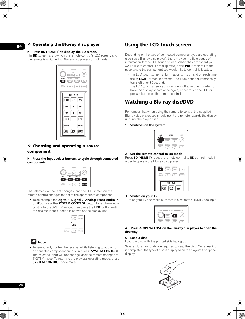 Using the lcd touch screen, Watching a blu-ray disc/dvd, Operating the blu-ray disc player | Choosing and operating a source component | Pioneer LX01BD User Manual | Page 28 / 116