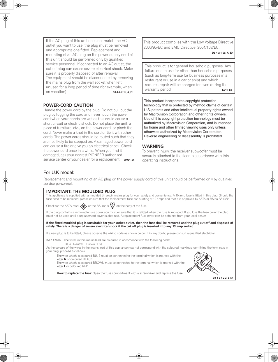 For u.k model, Power-cord caution, Warning | Pioneer LX01BD User Manual | Page 3 / 116