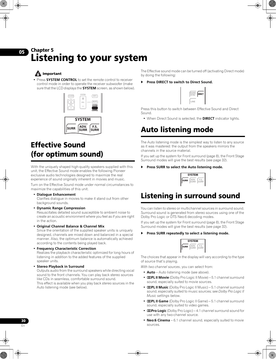 Listening to your system, Effective sound (for optimum sound), Auto listening mode | Listening in surround sound, Chapter 5, System | Pioneer LX01BD User Manual | Page 30 / 116