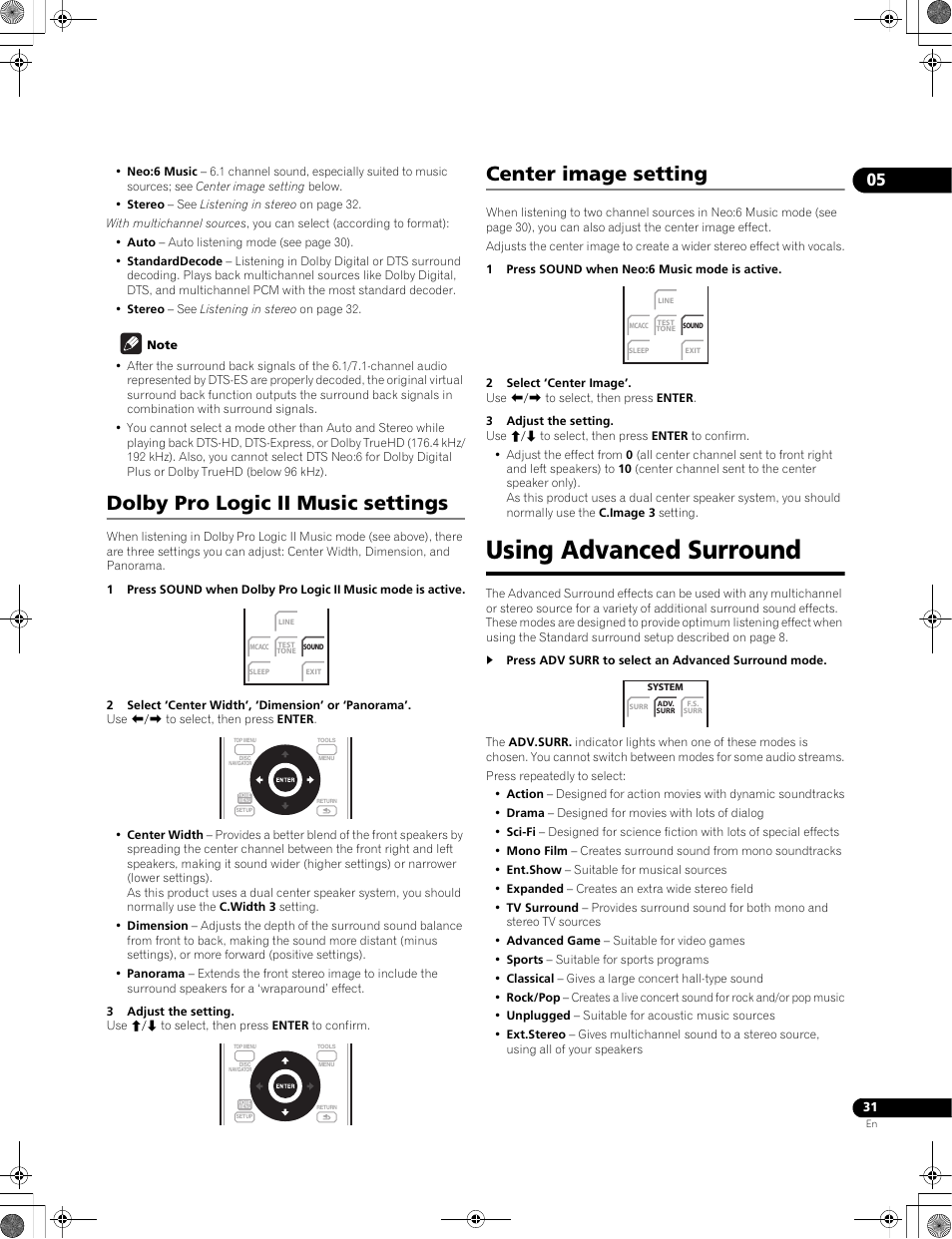 Using advanced surround, Dolby pro logic ii music settings, Center image setting | Pioneer LX01BD User Manual | Page 31 / 116