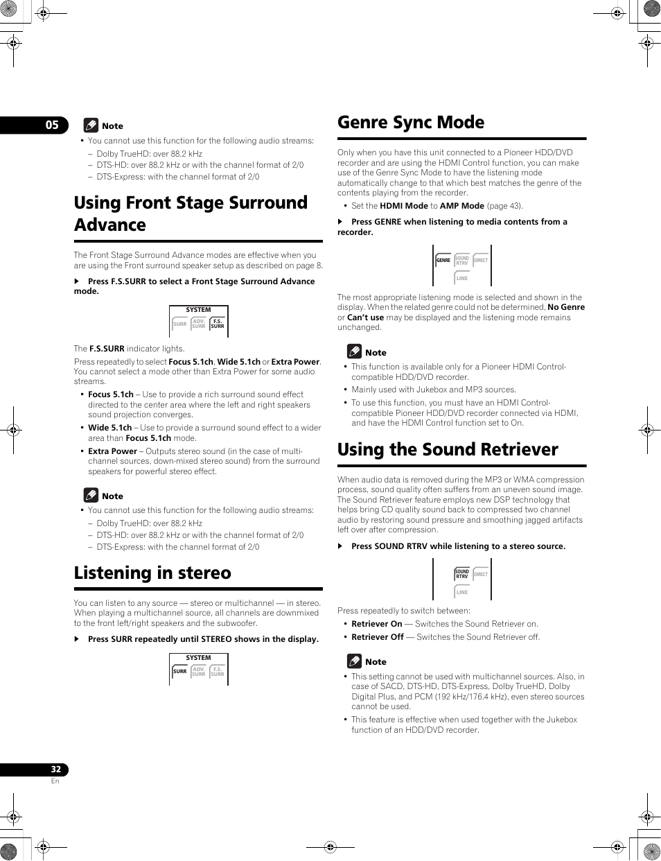 Using front stage surround advance, Listening in stereo, Genre sync mode | Using the sound retriever | Pioneer LX01BD User Manual | Page 32 / 116