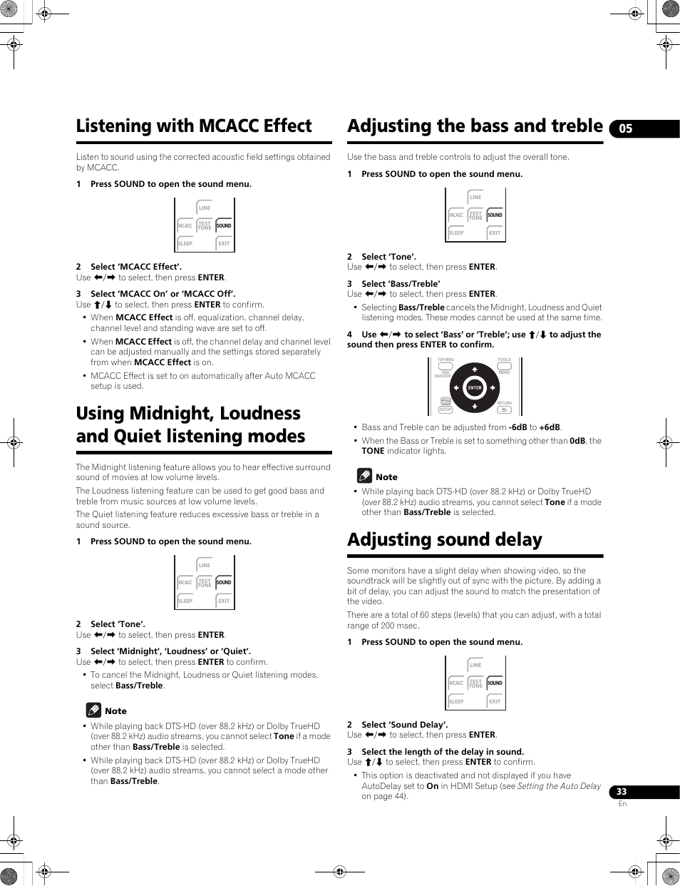 Listening with mcacc effect, Using midnight, loudness and quiet listening modes, Adjusting the bass and treble | Adjusting sound delay | Pioneer LX01BD User Manual | Page 33 / 116